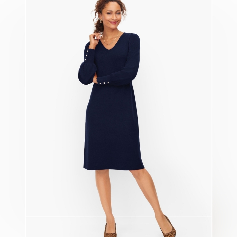 Talbots Soft Merino V-neck Sweater Dress Navy Blue Size Medium